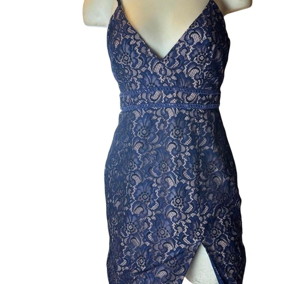 Unbranded Dresses & Skirts - Navy Blue Floral Lace Cocktail Dress V-Neck Eyelash Hem Front Slit Wedding Guest